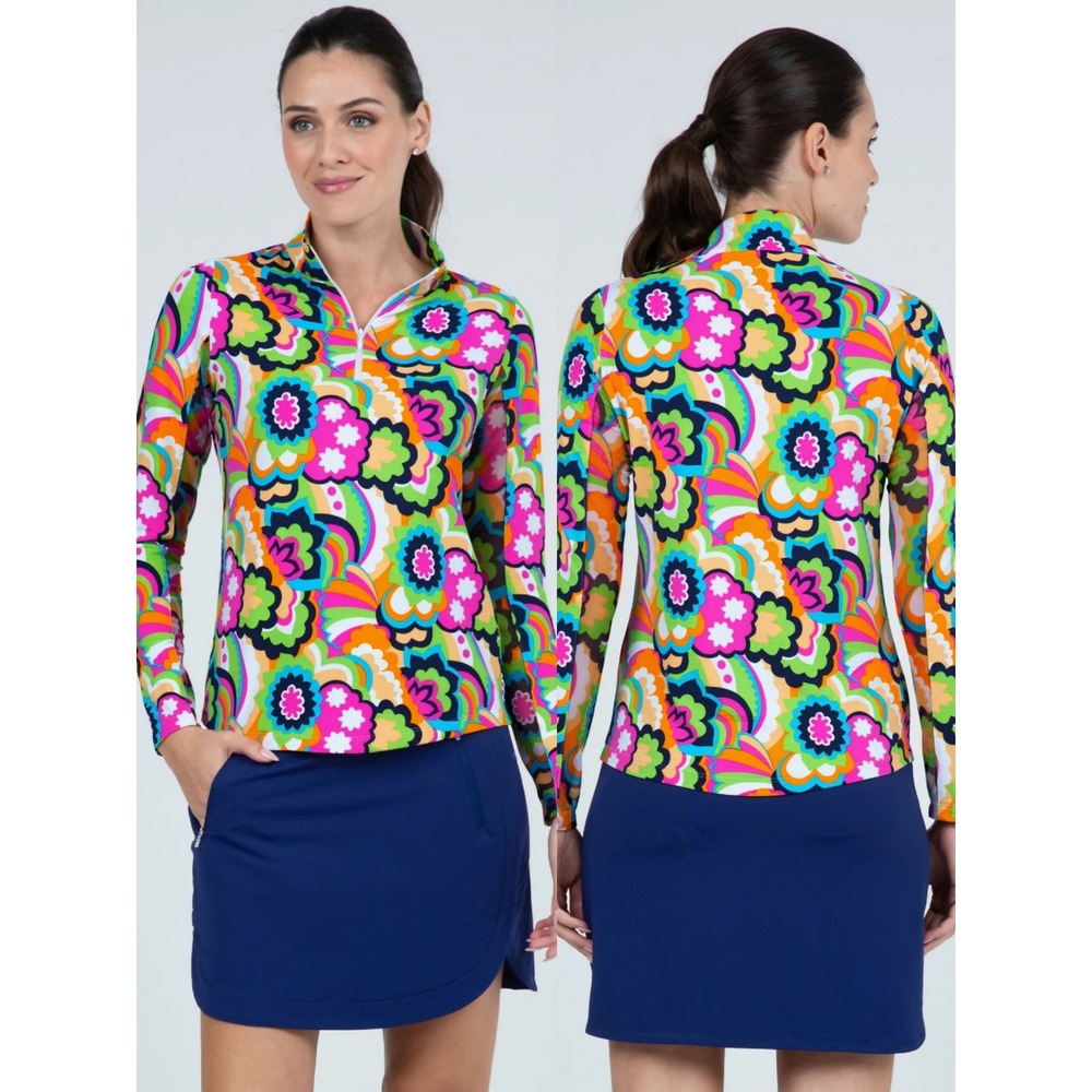 IBKÜL UPF 50+ Floral Print Quarter Zip Top Long Sleeve Cooling Athletic Shirt XS